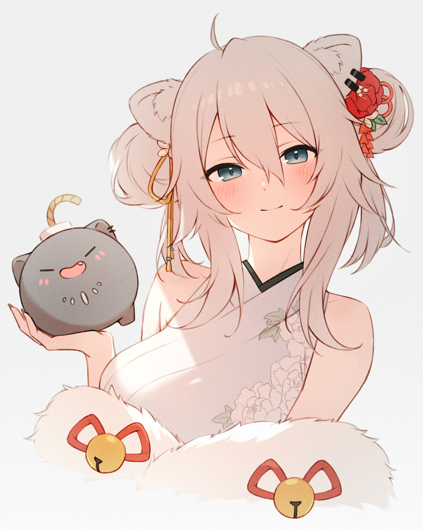 1girl, ahoge, animal_ears, bare_shoulders, blush, bomb, breasts, closed_mouth, cropped_torso, double_bun, explosive, floral_print, green_eyes, grey_background, grey_hair, hair_between_eyes, hair_bun, highres, hololive, japanese_clothes, kimono, lion_ears, looking_at_viewer, medium_breasts, medium_hair, momomooq, new_year, shishiro_botan, sleeveless, sleeveless_kimono, smile, solo, ssrb_(shishiro_botan), upper_body, virtual_youtuber, white_kimono