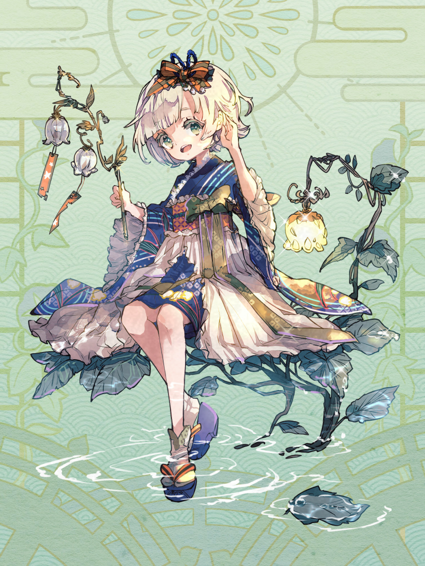 1girl, :o, bow, dairoku_ryouhei, dress, full_body, green_background, green_eyes