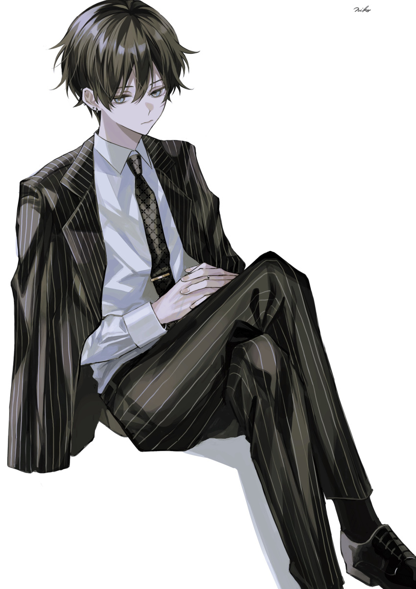 1boy, absurdres, black_footwear, black_hair, black_necktie, black_socks, blue_eyes, collared_shirt