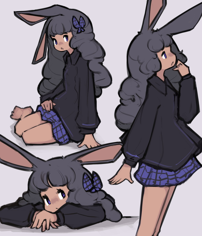1girl, animal_ears, barefoot, black_hair, black_shirt, bow, collared_shirt, commentary