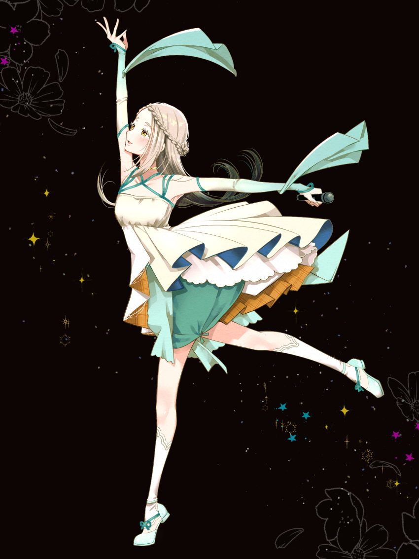 1girl, arime_hotaru, arm_up, black_background, blush, braid, detached_sleeves, dress