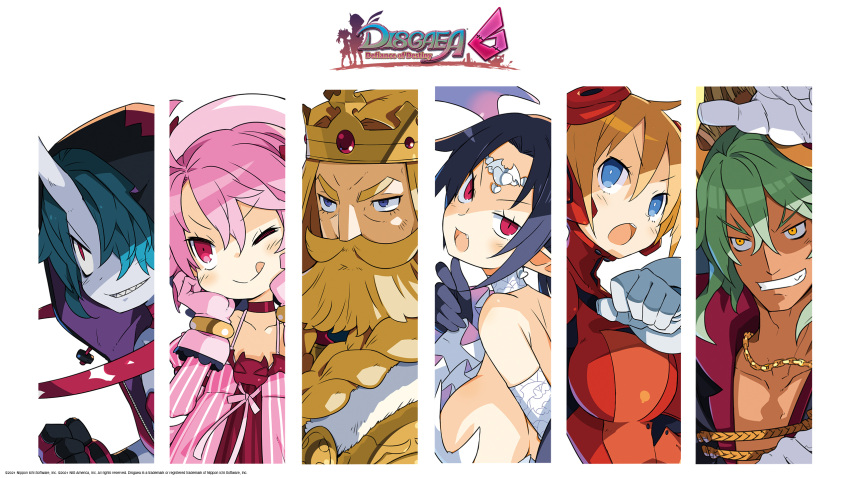 3boys, 3girls, ;), beard, black_hair, blonde_hair, blue_eyes, blue_hair