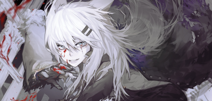 1girl, absurdres, animal_ears, aqua_eyes, arknights, arm_up, black_coat, black_gloves