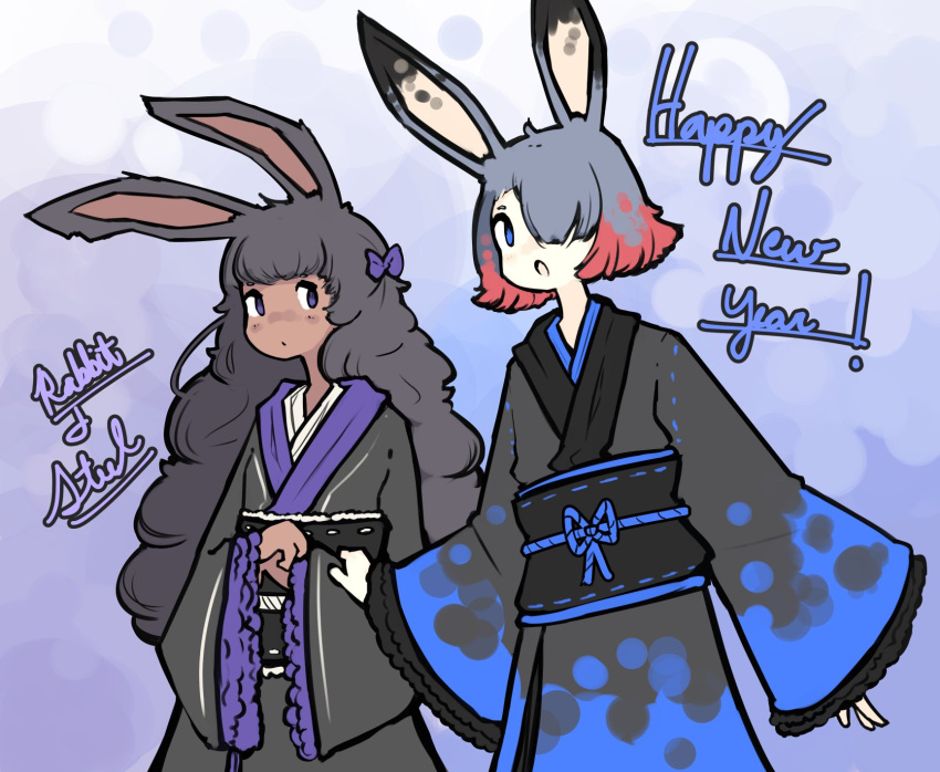 2girls, alternate_costume, animal_ears, assassin_rabbit, black_kimono, black_sash, blue_eyes, blue_kimono