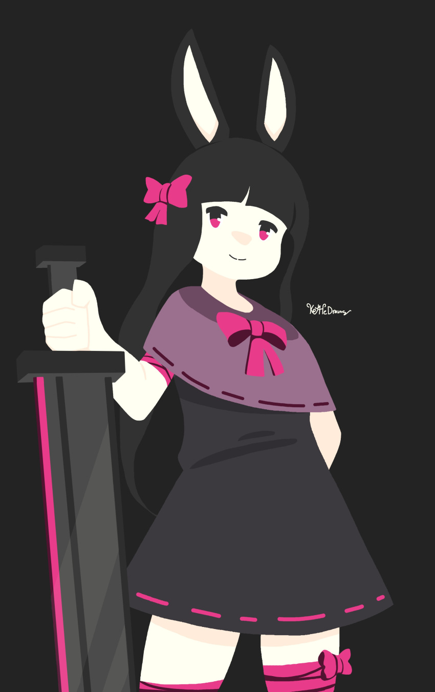 1girl, absurdres, animal_ears, black_background, black_dress, black_hair, blunt_bangs, bow, bowtie, capelet, closed_mouth, commentary, cowboy_shot, dress, english_commentary, flat_color, greatsword, hair_bow, heavyblade_rabbit, highres, holding, holding_sword, holding_weapon, kettledraws, leg_wrap, long_hair, looking_at_viewer, medium_bangs, no_lineart, pink_bow, pink_bowtie, pink_eyes, purple_capelet, rabbit_and_steel, rabbit_ears, rabbit_girl, simple_background, smile, solo, sword, weapon