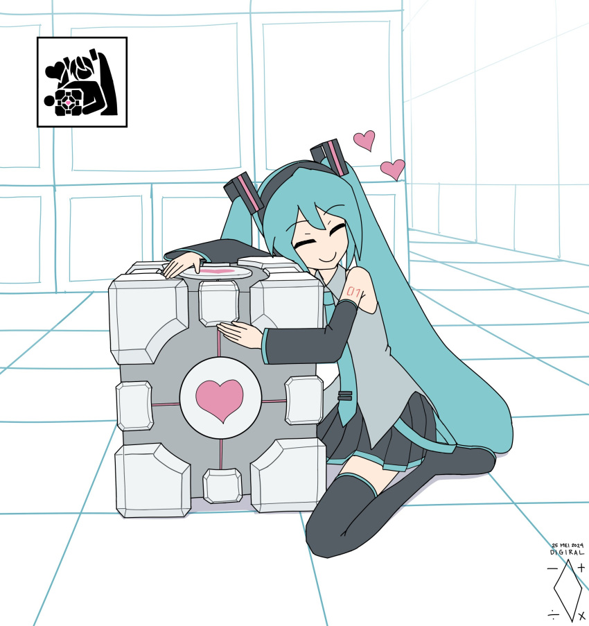 1girl, aperture_science_weighted_companion_cube, aqua_hair, aqua_necktie, artist_logo, artist_name, black_footwear, black_skirt