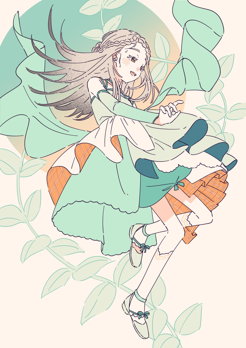 1girl, absurdres, blush, detached_sleeves, dress, full_body, gakuen_idolmaster, green_dress