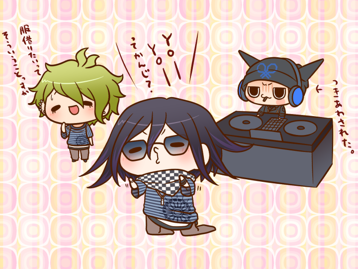 3boys, amami_rantaro, amami_rantaro_(cosplay), annoyed, antenna_hair, arrow_(symbol), beanie, black_eyes, black_footwear, black_hat, black_jacket, black_scarf, blue_headphones, blue_shirt, blush_stickers, brown_hair, brown_pants, checkered_clothes, checkered_scarf, chibi, cigarette, closed_mouth, collared_jacket, colored_tips, commentary_request, cosplay, danganronpa_(series), danganronpa_v3:_killing_harmony, ear_piercing, earrings, fake_horns, furrowed_brow, green_hair, hair_between_eyes, hand_on_own_cheek, hand_on_own_face, hat, headphones_over_headwear, horned_headwear, horns, hoshi_ryoma, jacket, jewelry, lapels, leather, leather_jacket, light_blush, long_sleeves, male_focus, motion_lines, mouth_hold, multicolored_hair, multiple_boys, multiple_bracelets, multiple_piercings, nervous_smile, notched_lapels, o3o, oma_kokichi, outstretched_arms, oversized_clothes, pale_skin, pants, patterned_background, pendant, piercing, pocket, purple_hair, record, scarf, shirt, shoes, short_hair, simple_background, smile, solid_oval_eyes, standing, striped_clothes, striped_shirt, stud_earrings, sunglasses, sweatdrop, translation_request, turntable, two-tone_scarf, unmoving_pattern, v-shaped_eyebrows, white_scarf, white_undershirt, yellow_background, yumaru_(marumarumaru), zipper