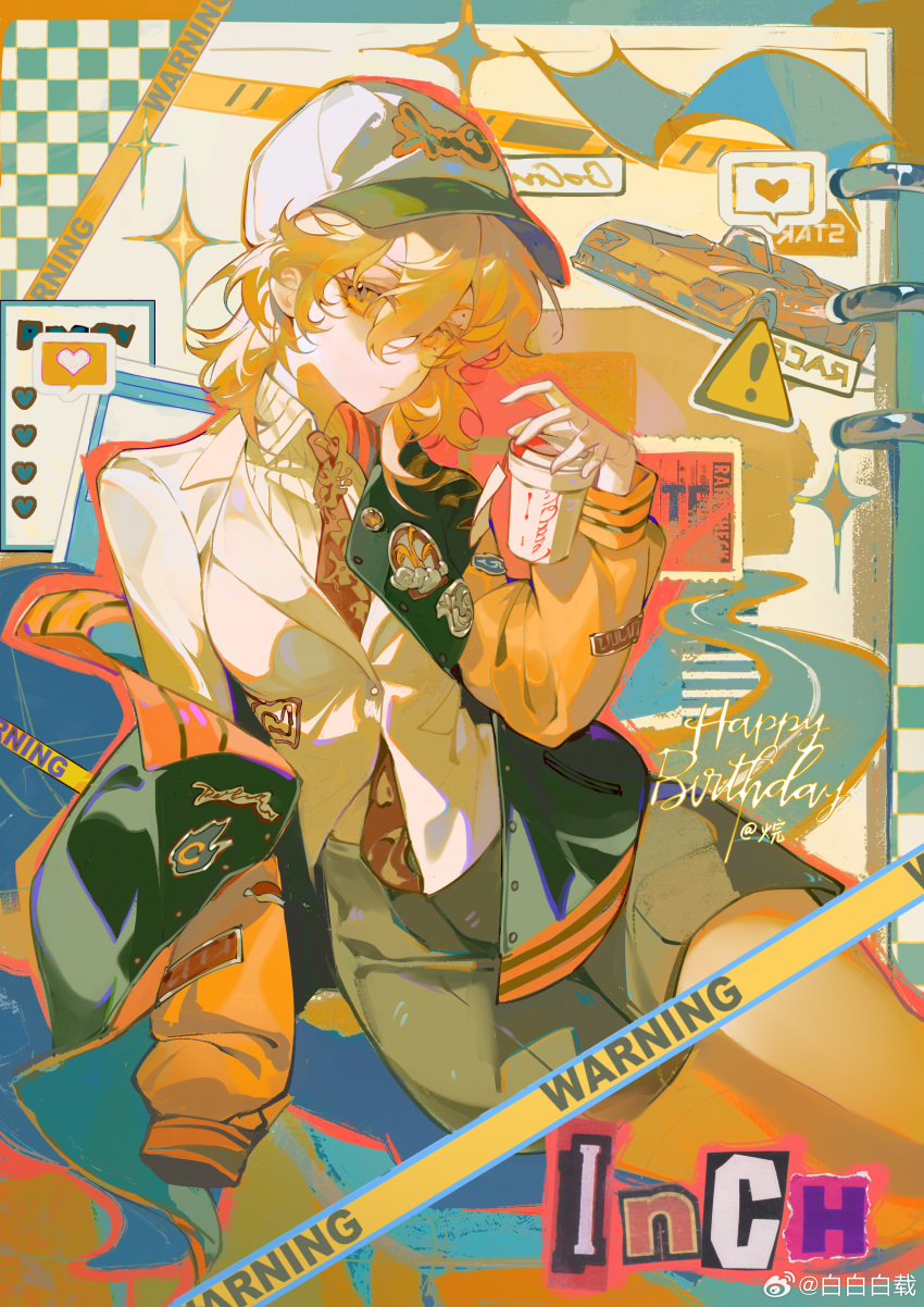 !, 1girl, absurdres, badge, baibaibaizai, baseball_cap, black_jacket, blonde_hair