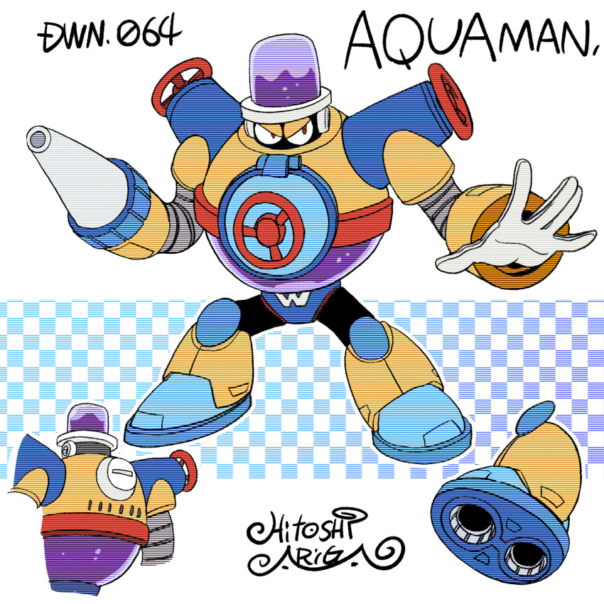 1boy, \||/, aqua_man_(mega_man), ariga_hitoshi, arm_cannon, artist_name, belt, blue_background, blue_footwear, boots, brown_footwear, bubble, character_name, checkered_background, colored_shoe_soles, commentary_request, concept_art, from_behind, full_body, gloves, gradient_background, hat, highres, humanoid_robot, knee_boots, looking_ahead, looking_to_the_side, male_focus, mega_man_(classic), mega_man_(series), mega_man_megamix, multiple_views, no_humans, red_belt, red_eyes, reference_sheet, robot, scanlines, shoe_soles, signature, simple_background, standing, tank_(container), turnaround, upper_body, v-shaped_eyebrows, valve, water, water_tank, weapon, white_background, white_gloves