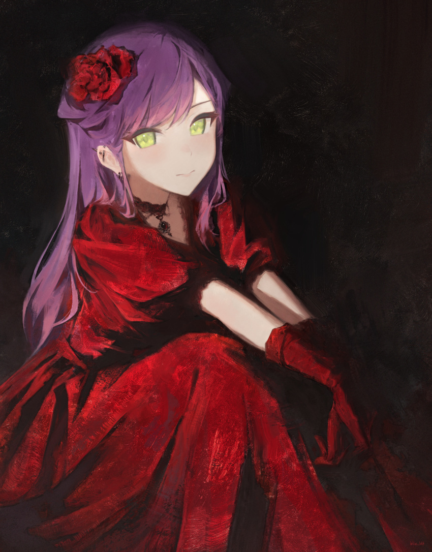 1girl, alternate_costume, alternate_hairstyle, arms_on_knees, barbell_piercing, bliss_htt, blush, brush_stroke