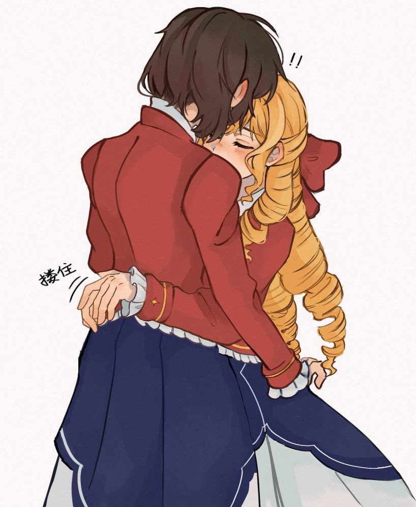 !, !!, 2girls, blonde_hair, blue_skirt, bow, brown_hair, claire_francois, closed_eyes, commentary_request, drill_hair, hair_bow, hug, jacket, long_sleeves, multiple_girls, rae_taylor, red_bow, red_jacket, short_hair, simple_background, skirt, t4yl0r712, translation_request, watashi_no_oshi_wa_akuyaku_reijou, white_background, yuri