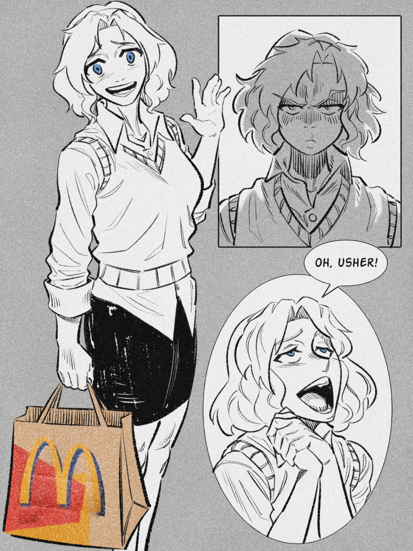 1girl, angry, bag, blue_eyes, bombsahoy, english_text, highres, holding, holding_bag, looking_at_viewer, mcdonald's, medium_hair, miniskirt, monochrome, multiple_views, own_hands_together, paper_bag, sarah_dubois, skirt, speech_bubble, sweater_vest, the_boondocks, waving