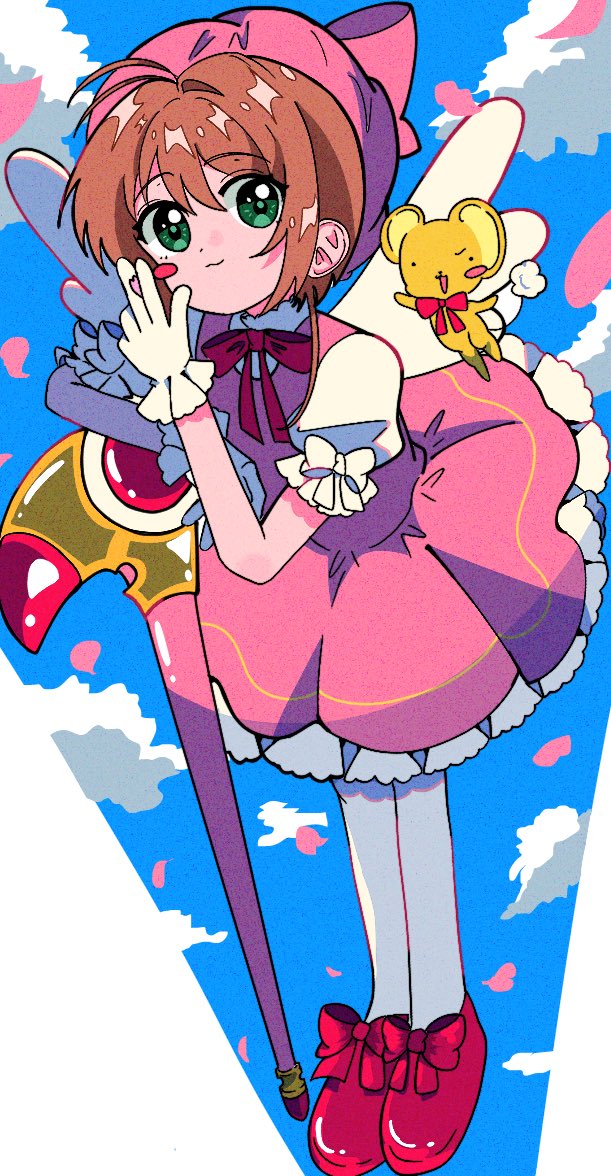 1girl, :3, angel_wings, blue_sky, blush, blush_stickers, bow, brown_hair