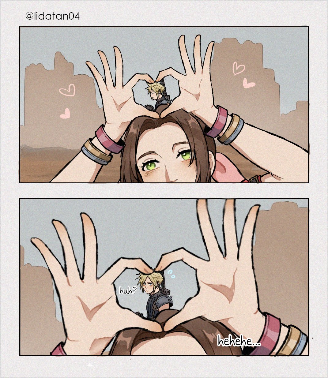 1boy, 1girl, aerith_gainsborough, armor, bangle, blonde_hair, blush, bracelet, brown_hair, buster_sword, cloud_strife, english_text, final_fantasy, final_fantasy_vii, final_fantasy_vii_rebirth, final_fantasy_vii_remake, green_eyes, hair_ribbon, heart, heart_hands, highres, jacket, jewelry, lida_(lidalida04), parted_bangs, pink_ribbon, red_jacket, ribbon, short_hair, short_sleeves, shoulder_armor, single_shoulder_pad, sleeveless, sleeveless_turtleneck, spiky_hair, suspenders, turtleneck, twitter_username, upper_body, weapon, weapon_on_back