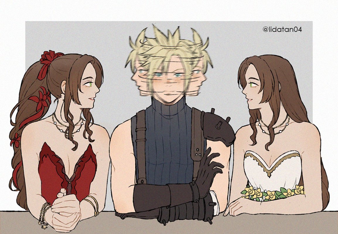 1boy, 2girls, aerith_gainsborough, aerith_gainsborough_(red_dress), aerith_gainsborough_(white_floral_dress), armlet, bandaged_arm, bandages, bare_arms, bare_shoulders, black_gloves, blonde_hair, blue_eyes, blue_shirt, border, bracelet, breasts, brown_hair, cloud_strife, crossed_arms, dress, dress_flower, final_fantasy, final_fantasy_vii, final_fantasy_vii_rebirth, final_fantasy_vii_remake, flamenco_dress, flower, gloves, gold_trim, green_eyes, grey_background, hair_flower, hair_ornament, hair_ribbon, jewelry, lida_(lidalida04), long_hair, looking_at_another, medium_breasts, motion_blur, motion_lines, multiple_girls, multiple_necklaces, official_alternate_costume, parted_bangs, parted_lips, ponytail, red_dress, red_flower, red_ribbon, ribbon, rose, shirt, short_hair, sidelocks, single_bare_shoulder, single_shoulder_pad, sleeveless, sleeveless_turtleneck, smile, strapless, strapless_dress, suspenders, turtleneck, twitter_username, wavy_hair, white_border, white_dress, yellow_flower, yellow_rose
