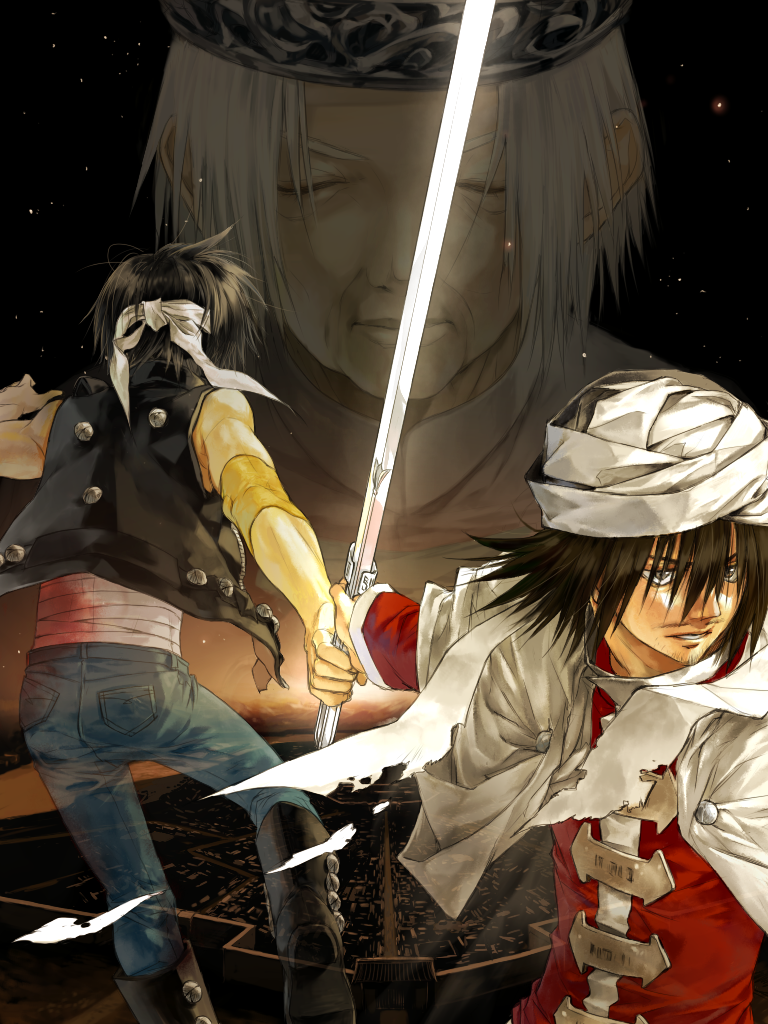 chuuou, city, facial_hair, headband, houshin_engi, jacket, ki_hatsu, kou_tenka, mustache, natadekoko, old, sarashi, stubble, sword, torn_clothes, turban, weapon, white_hair