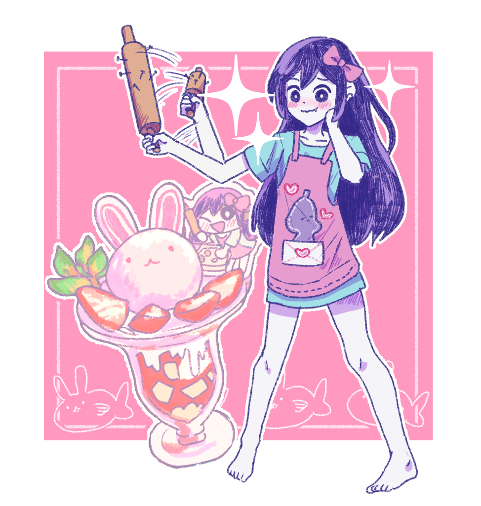 1girl, apron, aubrey_(headspace)_(omori), aubrey_(omori), barefoot, blue_shirt, blush, bow, collarbone, colored_skin, fish_bunny_(omori), hair_bow, long_hair, omori, pink_apron, pink_bow, purple_hair, rolling_pin, shirt, short_hair, short_sleeves, solo, tori_(alpaca-alpaca), violet_eyes, white_skin