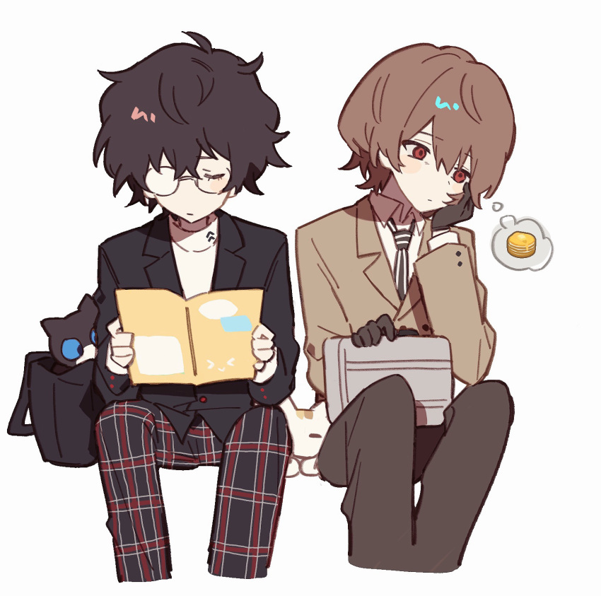2boys, akechi_gorou, amamiya_ren, black_gloves, black_jacket, black_necktie, black_pants, brown_hair