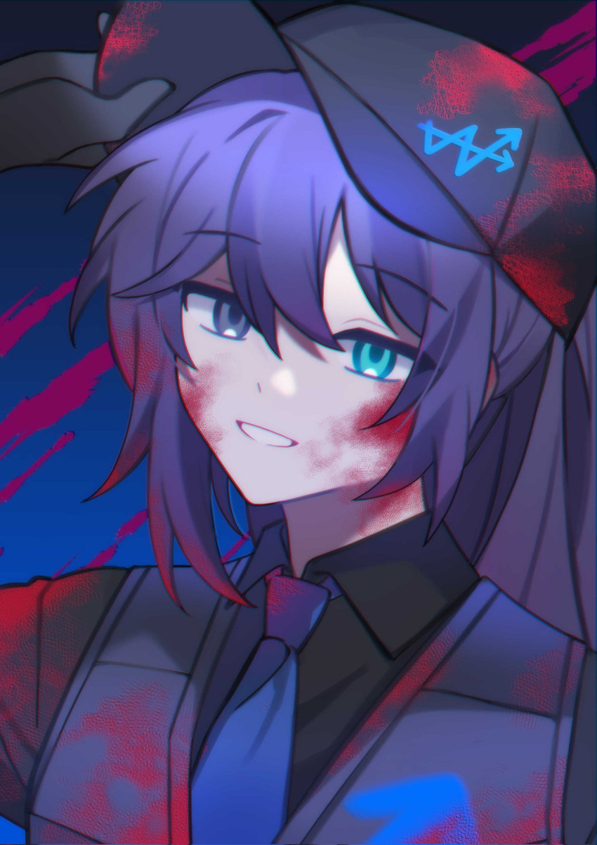 1boy, arm_up, baseball_cap, black_gloves, black_hair, black_hat, black_shirt, blood