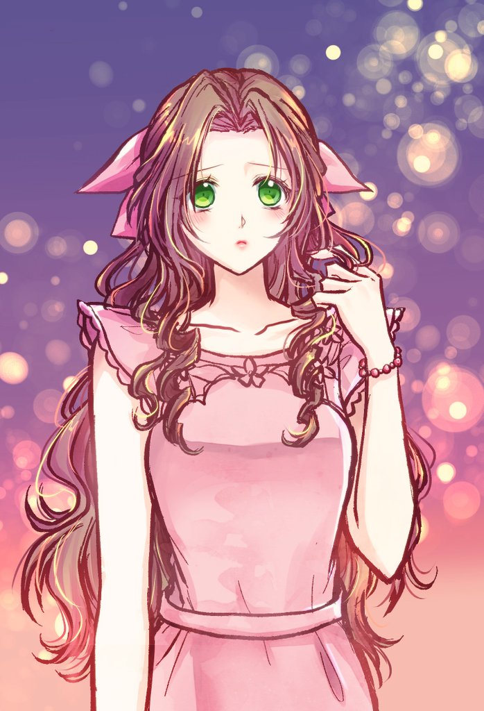 1girl, aerith_gainsborough, aerith_gainsborough_(basic_pink_dress), bead_bracelet, beads, blush, bosch, bracelet, breasts, brown_hair, dress, embarrassed, final_fantasy, final_fantasy_vii, final_fantasy_vii_remake, frilled_sleeves, frills, green_eyes, hair_ribbon, hand_in_own_hair, jewelry, looking_at_viewer, medium_breasts, official_alternate_costume, parted_bangs, pink_dress, pink_ribbon, ponytail, ribbon, sidelocks, solo, upper_body, wavy_hair