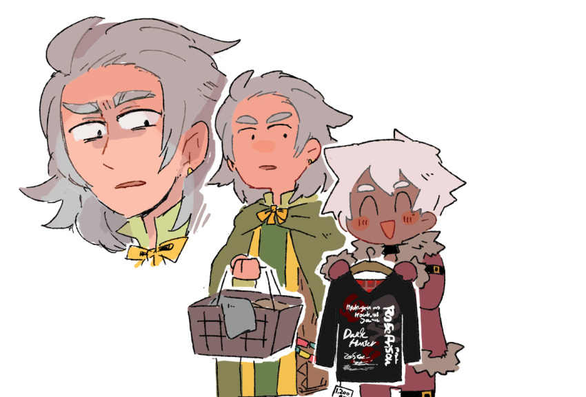 2boys, :d, ^_^, bard_(sekaiju), bard_3_(sekaiju), basket, black_shirt, blush, closed_eyes, clothes_hanger, clothes_writing, cowboy_shot, dark-skinned_male, dark_hunter, dark_hunter_3, dark_skin, fur-trimmed_jacket, fur_trim, grey_hair, holding, holding_clothes, holding_clothes_hanger, holding_shirt, jacket, laundry, motimamire, multiple_boys, price_tag, sekaiju_no_meikyuu, sekaiju_no_meikyuu_1, shirt, simple_background, skirt, smile, unworn_skirt, white_background, white_hair