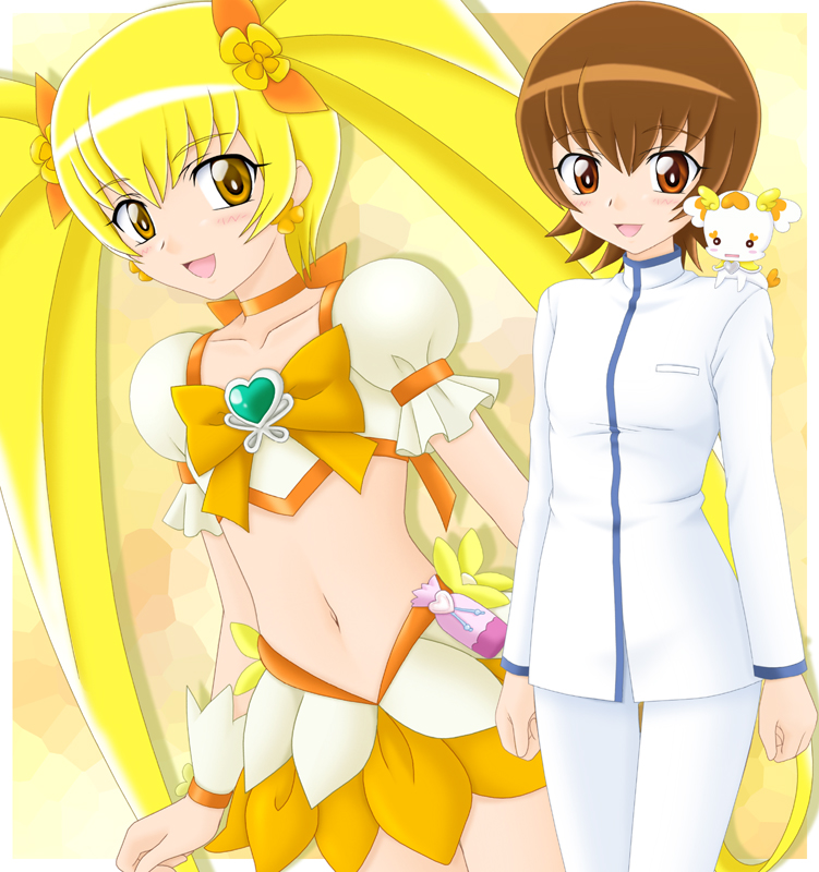 2girls, :d, androgynous, blonde_hair, blush, bow, brooch, brown_eyes