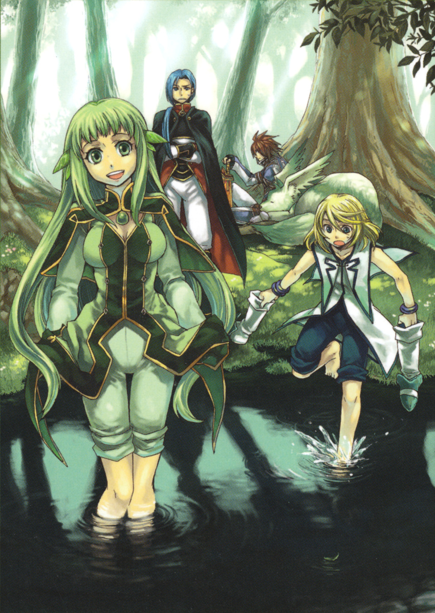 1girl, 3boys, absurdres, animal, black_cape, blonde_hair, blue_eyes, blue_hair