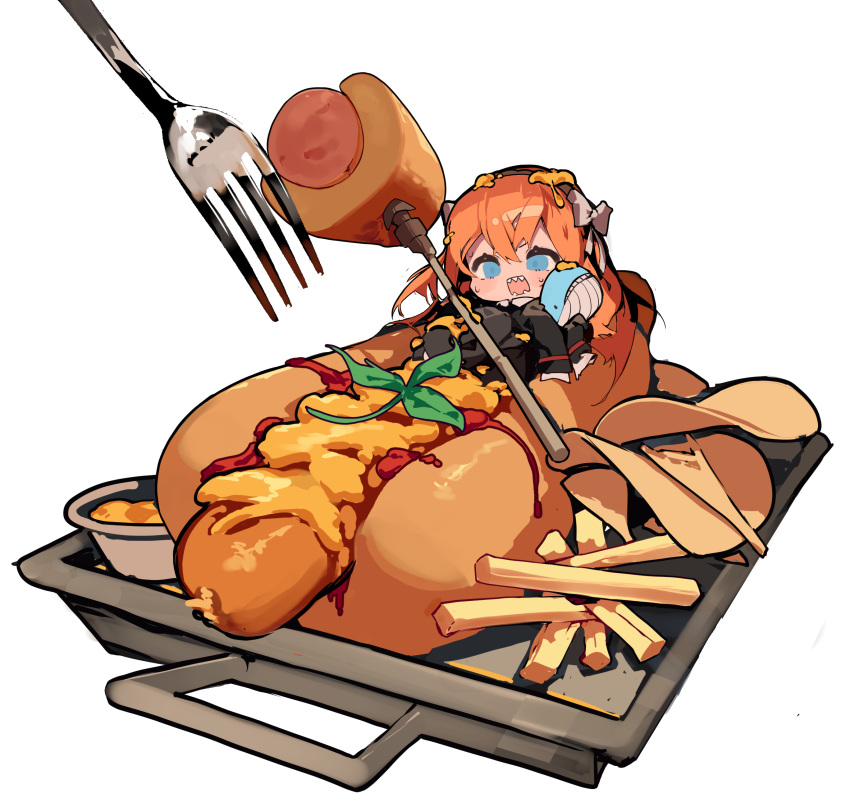 1girl, absurdres, blue_eyes, cymlim, food_focus, fork, hamhampangpang, highres, holding, holding_stuffed_toy, hot_dog, ishmael_(project_moon), ketchup, leaf, limbus_company, long_hair, looking_to_the_side, mini_person, minigirl, mustard, open_mouth, orange_hair, project_moon, sharp_teeth, simple_background, solo, stuffed_toy, stuffed_whale, teeth, toothpick, very_long_hair, white_background