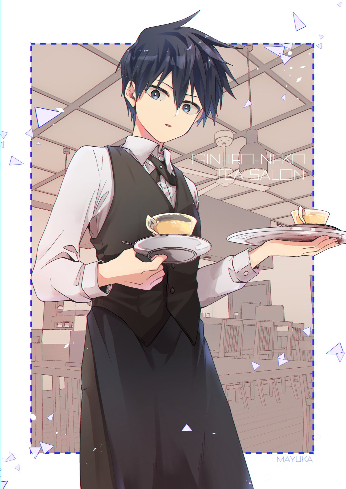 1boy, :o, blue_eyes, blue_hair, chair, collared_shirt, cup, highres