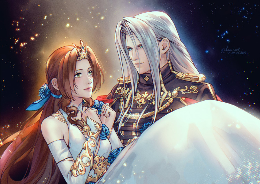 1boy, 1girl, aerith_gainsborough, aerith_gainsborough_(prism_dress), aqua_eyes, bare_shoulders, black_jacket, blue_flower