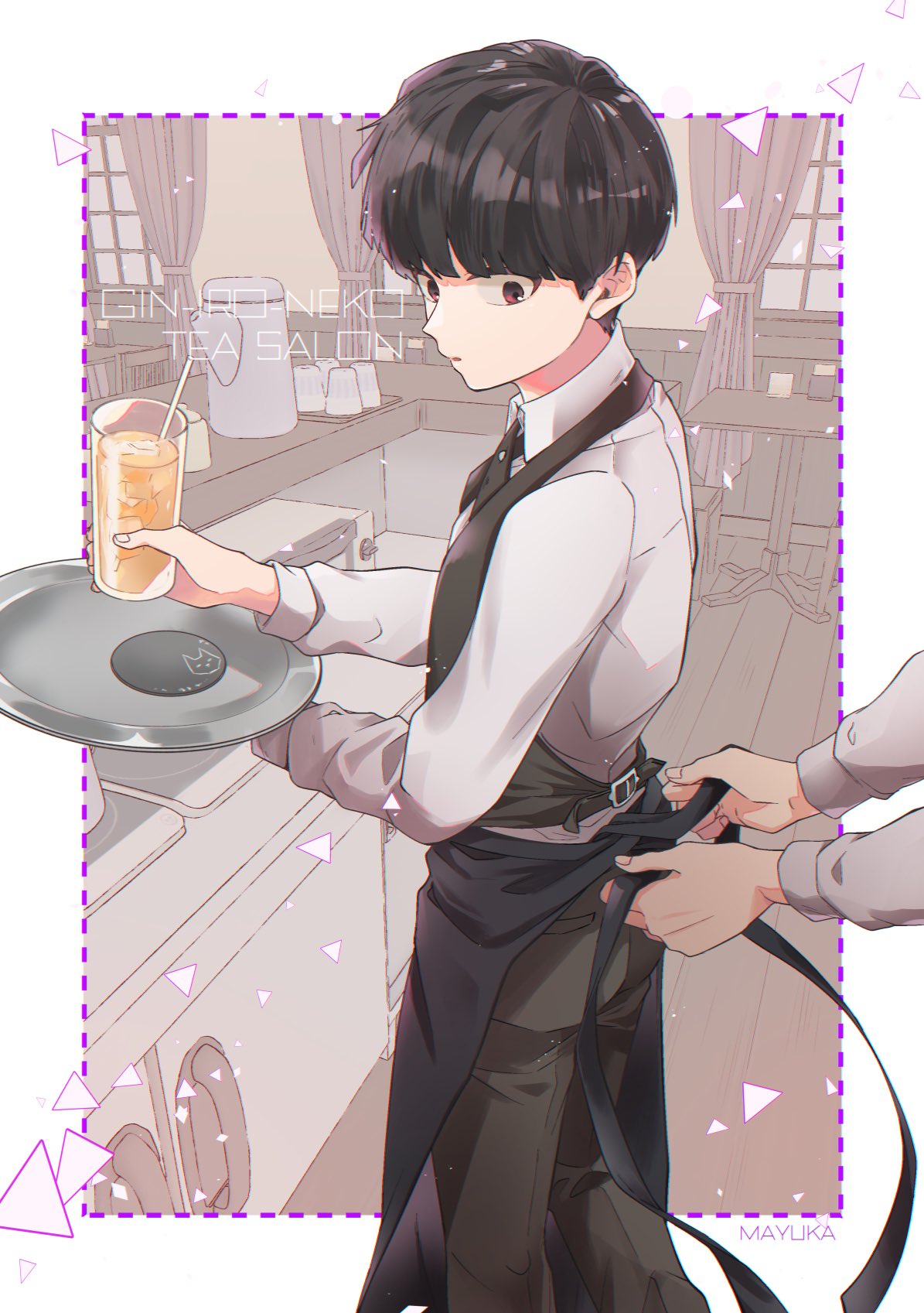 1boy, black_hair, bowl_cut, collared_shirt, curtains, drinking_straw, glass, highres