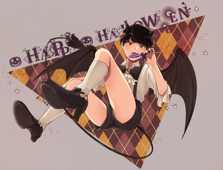 1boy, bat_wings, black_bow, black_bowtie, black_eyes, black_hair, blunt_bangs, bow, bowl_cut, bowtie, candy, demon_tail, food, halloween, halloween_costume, happy_halloween, high_heels, highres, holding, holding_candy, holding_food, kageyama_shigeo, looking_at_viewer, maa_ohg, mob_psycho_100, pants, shirt, shoes, short_hair, socks, solo, tail, white_shirt, white_socks, wings