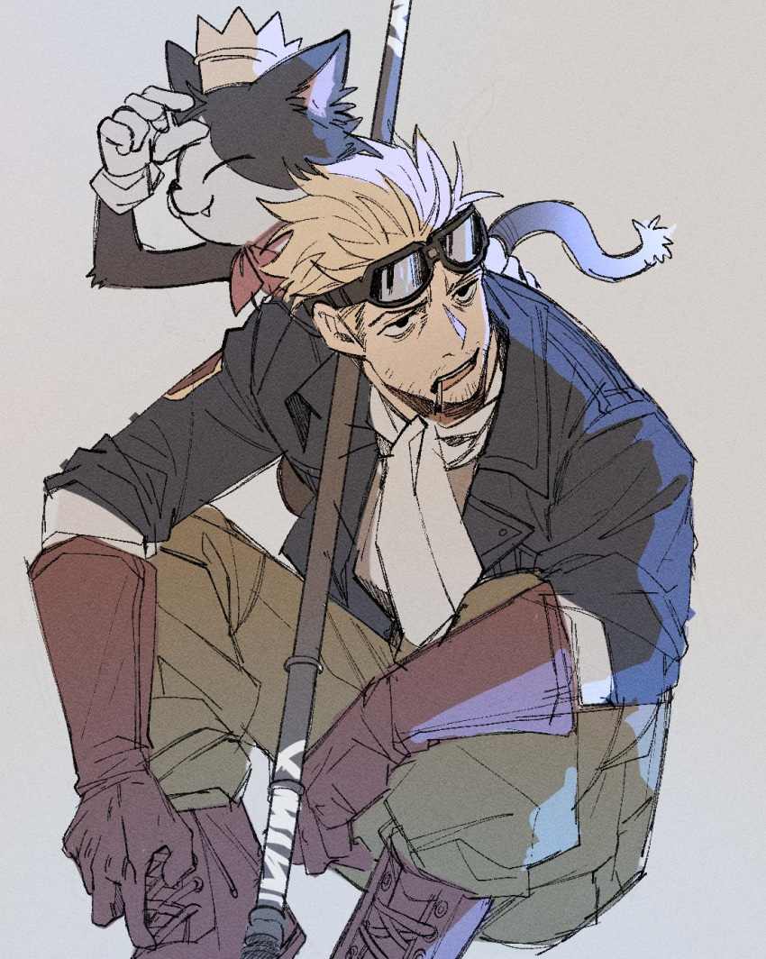 1boy, animal_on_shoulder, ascot, black_fur, blonde_hair, blue_jacket, boots, brown_footwear, brown_gloves, cait_sith_(ff7), cape, cat, cat_on_shoulder, cid_highwind, cigarette, closed_eyes, crown, facial_hair, fang, fang_out, final_fantasy, final_fantasy_vii, final_fantasy_vii_rebirth, final_fantasy_vii_remake, foot_out_of_frame, furrowed_brow, garbage_paper, gloves, goggles, goggles_on_head, green_pants, grey_background, highres, jacket, male_focus, mini_crown, open_mouth, pants, red_cape, short_hair, sideburns, sitting, sleeves_rolled_up, stubble, two-tone_fur, white_ascot, white_fur, white_gloves