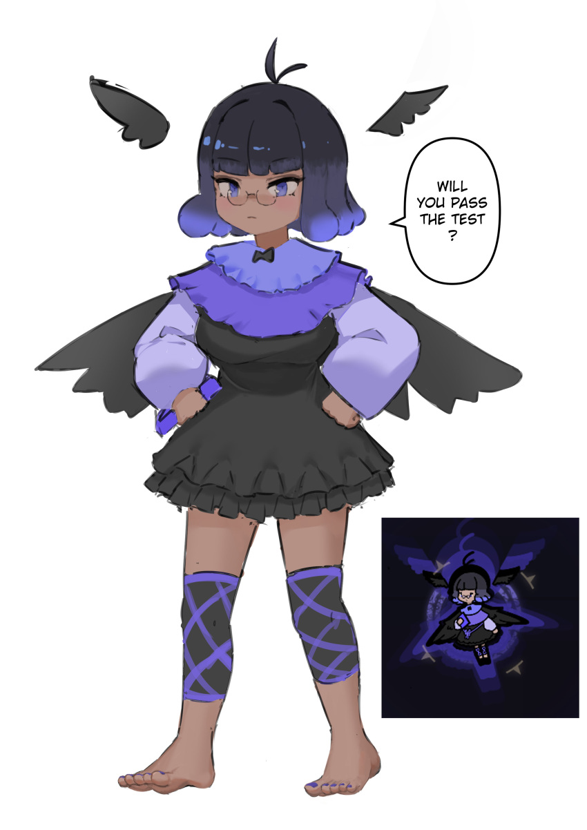 1girl, absurdres, antenna_hair, barefoot, black_dress, black_hair, black_wings, breasts