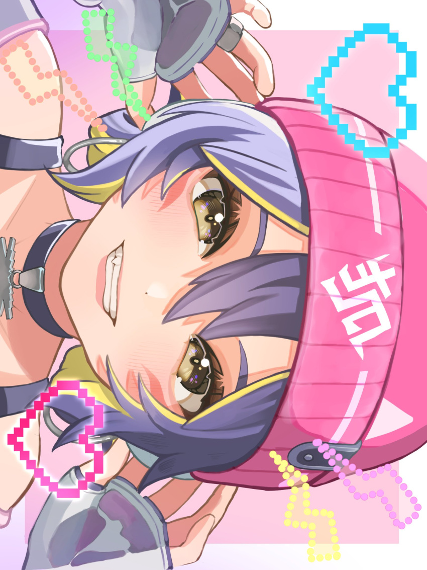 1girl, animification, beanie, black_choker, border, choker, fangs, fingerless_gloves