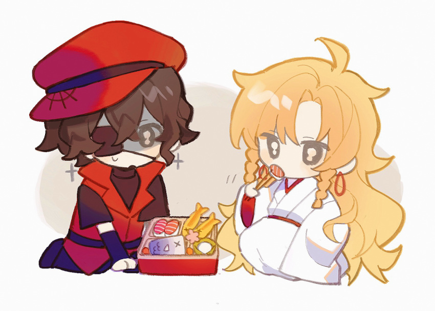 2boys, ahoge, aibyou_sekai, bento, black_footwear, blonde_hair, brown_hair, chibi