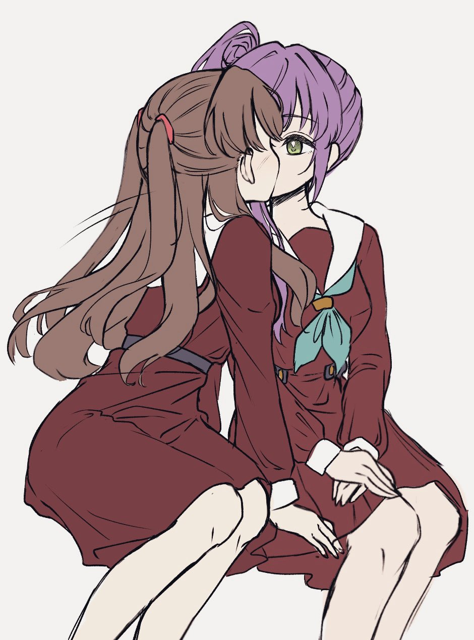 2girls, aqua_neckerchief, breasts, brown_dress, brown_hair, commentary, dress, feet_out_of_frame