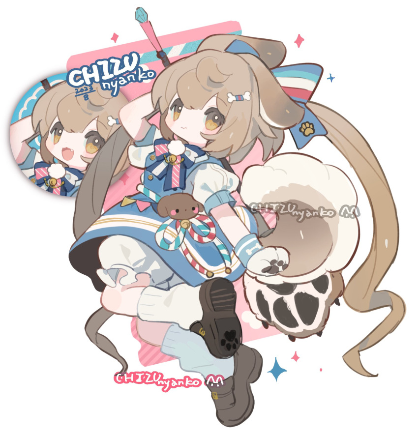 1girl, :3, animal_ears, animal_hands, bell, bloomers, blue_bow, blue_dress