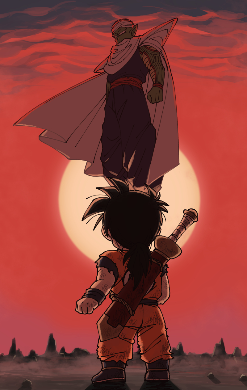 2boys, black_hair, cape, child, clouds, cloudy_sky, dougi, dragon_ball
