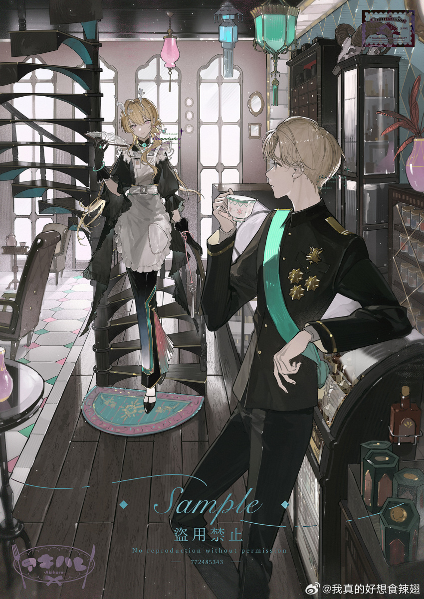 1boy, 1girl, akihare, apron, aqua_bracelet, aqua_sash, arm_on_table, armchair
