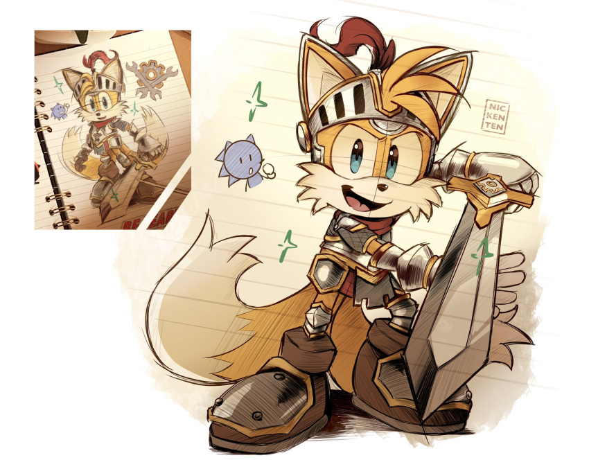 1boy, animal_ears, armor, blue_eyes, brown_footwear, child, commentary, full_body