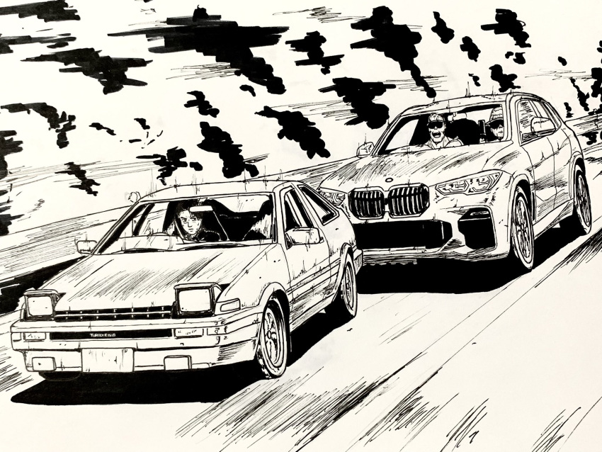 3boys, bmw, bmw_x5, driving, fujiwara_takumi, fujiwara_takumi's_toyota_trueno_ae86, greyscale, highres