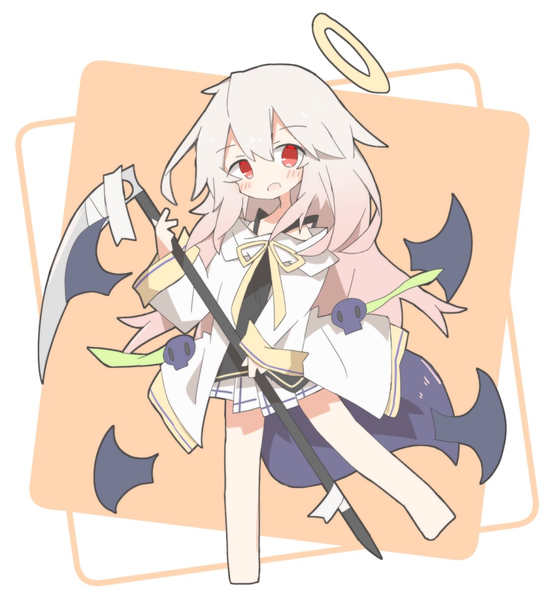 1girl, barefoot, black_camisole, blush, brown_background, camisole, chibi, copyright_request, full_body, gradient_hair, grey_hair, hair_between_eyes, halo, highres, holding, holding_scythe, hood, hood_down, hooded_jacket, jacket, long_hair, long_sleeves, looking_at_viewer, makurakui, multicolored_hair, open_mouth, pink_hair, pleated_skirt, red_eyes, scythe, skirt, sleeves_past_wrists, solo, standing, standing_on_one_leg, tail, two-tone_background, very_long_hair, white_background, white_jacket, white_skirt, wide_sleeves