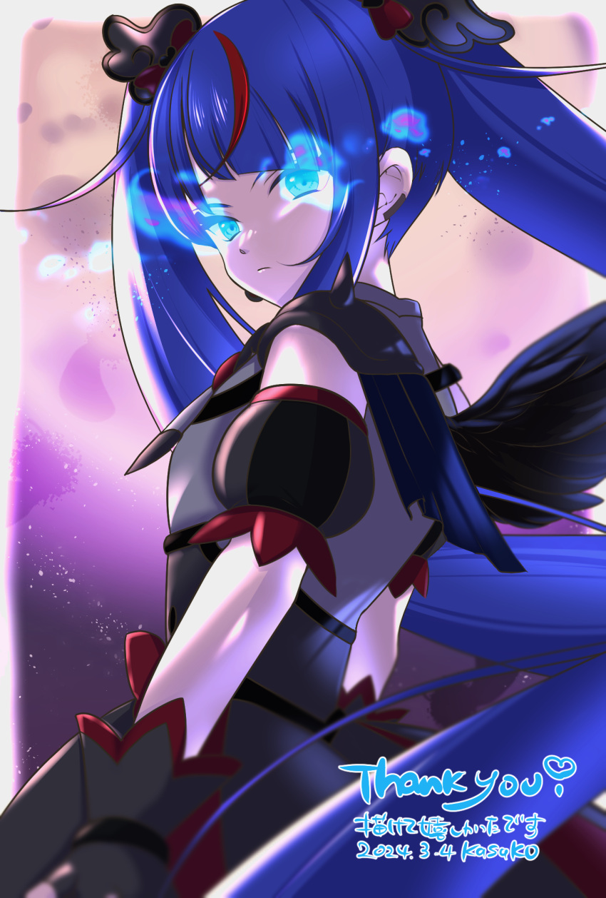 1girl, artist_name, black_dress, black_gloves, black_wings, blue_eyes, blue_hair, blurry, blurry_background, bow, brooch, cape, closed_mouth, commentary, corruption, cure_sky, cure_sky_(dark), cut_bangs, dark_blue_hair, dark_persona, dated, detached_sleeves, dress, dress_bow, earclip, earrings, english_text, expressionless, fingerless_gloves, from_side, frown, full_moon, gloves, glowing, glowing_eyes, grey_dress, hair_ornament, highres, hirogaru_sky!_precure, jewelry, kasakasako, long_hair, looking_at_viewer, moon, multicolored_hair, precure, puffy_detached_sleeves, puffy_sleeves, purple_background, red_bow, redhead, signature, single_earring, single_sidelock, sleeveless, sleeveless_dress, solo, sora_harewataru, spiked_pauldrons, standing, streaked_hair, thank_you, torn_cape, torn_clothes, translated, twintails, two-tone_dress, two-tone_hair, very_long_hair, wing_brooch, wing_hair_ornament, wings