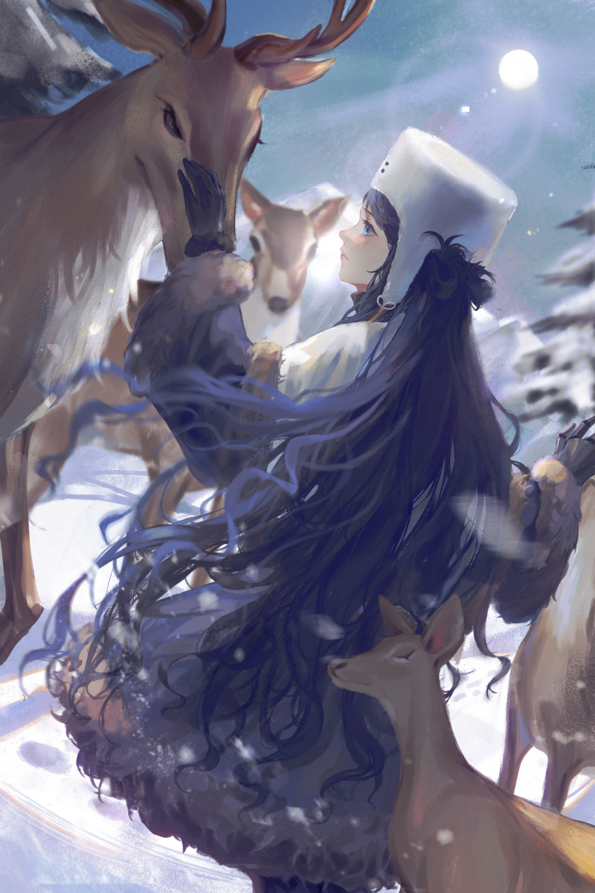 1girl, absurdres, black_dress, black_gloves, black_hair, blue_eyes, chinese_commentary, commentary