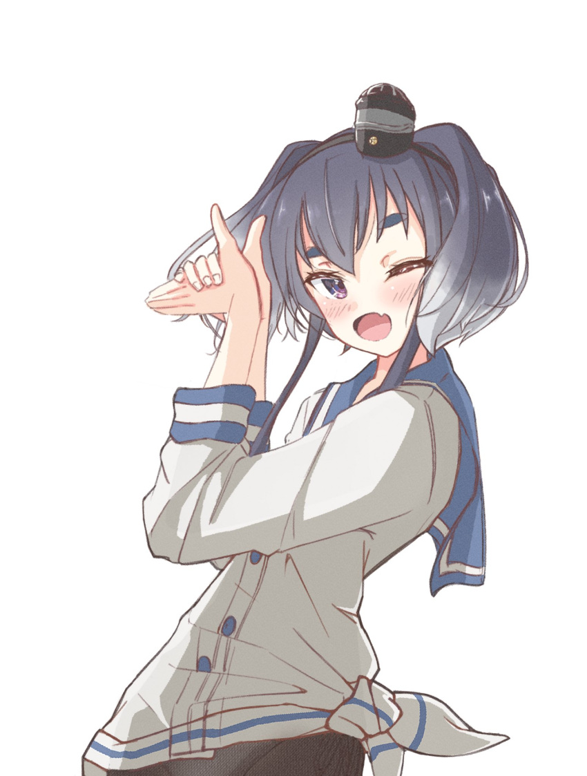 1girl, black_hair, black_pantyhose, blue_sailor_collar, breasts, cowboy_shot, fang, grey_hair