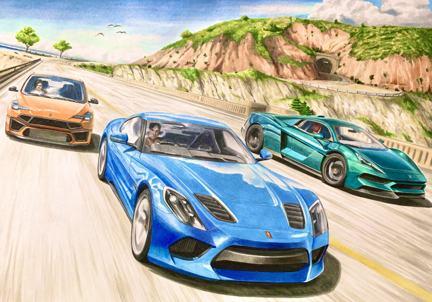 1girl, 2boys, blue_car, brown_hair, car, clouds, driving, frown