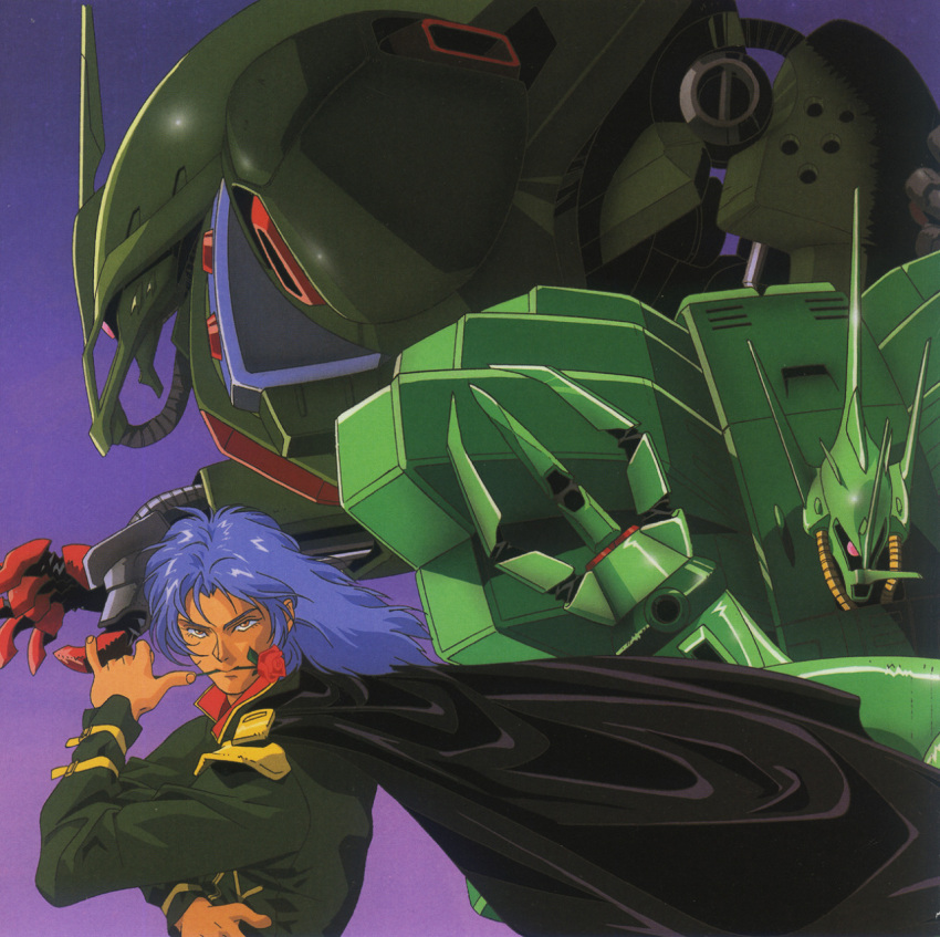 1990s_(style), 1boy, bishounen, blue_hair, cape, cover, dvd_cover, english_commentary, flower, flower_in_mouth, galluss-j, gundam, gundam_zz, hamma_hamma, highres, key_visual, kitazume_hiroyuki, long_hair, looking_at_viewer, mashymre_cello, mecha, military, mobile_suit, official_art, promotional_art, retro_artstyle, robot, rose, scan, science_fiction, traditional_media, uniform, upper_body