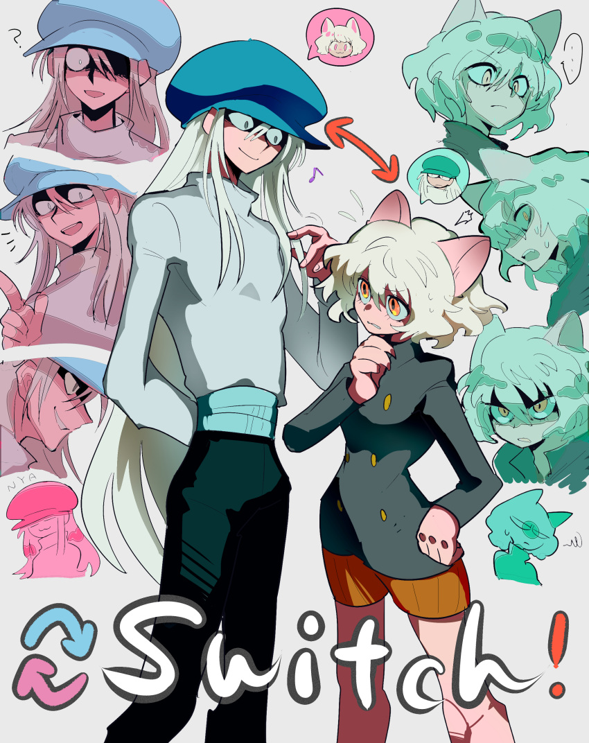 2boys, :3, absurdres, animal_ears, arm_behind_back, body_switch, cat_boy, cat_ears, cat_tail, commentary_request, glaring, grey_hair, hat, height_difference, highres, hunter_x_hunter, kite_(hunter_x_hunter), long_hair, male_focus, multiple_boys, neferpitou, orange_eyes, personality_switch, short_hair, smile, tail, tamvn7dloekjfu7